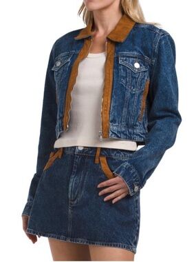 Blank NYC Womens Blue Denim Jacket with Tan Trim